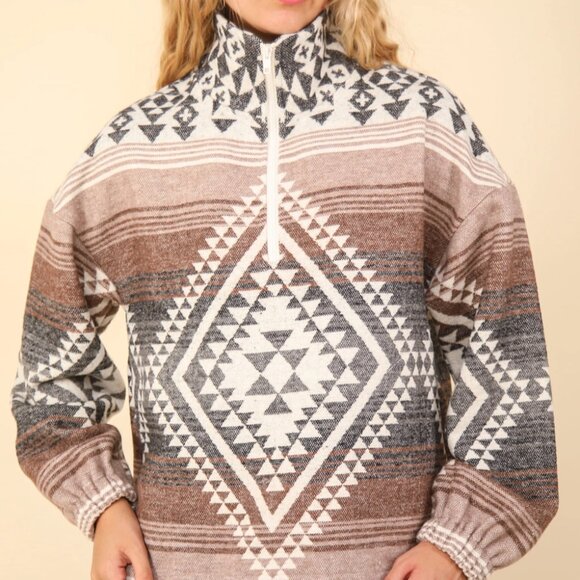 Sweaters - Aztec Printed Henley Woven Pullover Top - Long Sleeve Aztec Pattern Top